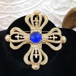 Vintage Park Lane Blue Gripoix Cabochon Maltese Cross Brooch Pendant Large - Fle